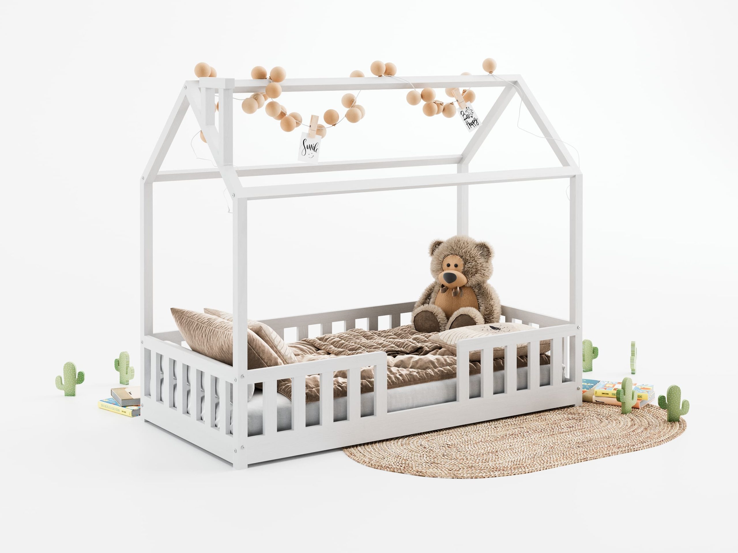 Łóżeczko dla dziecka w wieku trzech lat, białe z daszkiem. Inspiracje pokoju dla dziecka.