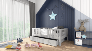 Łóżko dla dziecka z drewna z szufladami podwójnymi.