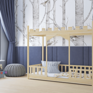 Łóżeczko-dla-dzieci-zamek-naturalne-z-drewna Łóżko dla dziecka sosnowe w kształcie zamku.