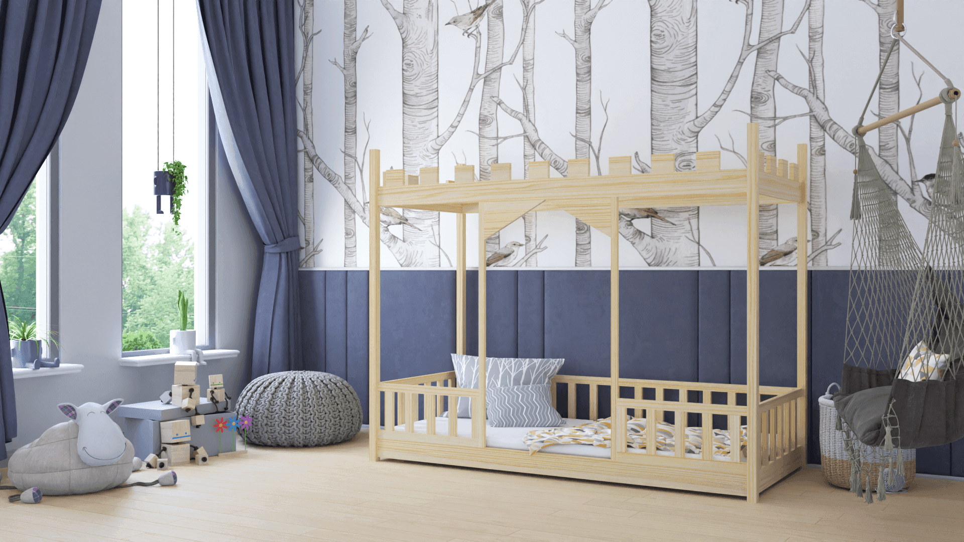 Łóżeczko-dla-dzieci-zamek-naturalne-z-drewna Łóżko dla dziecka sosnowe w kształcie zamku.