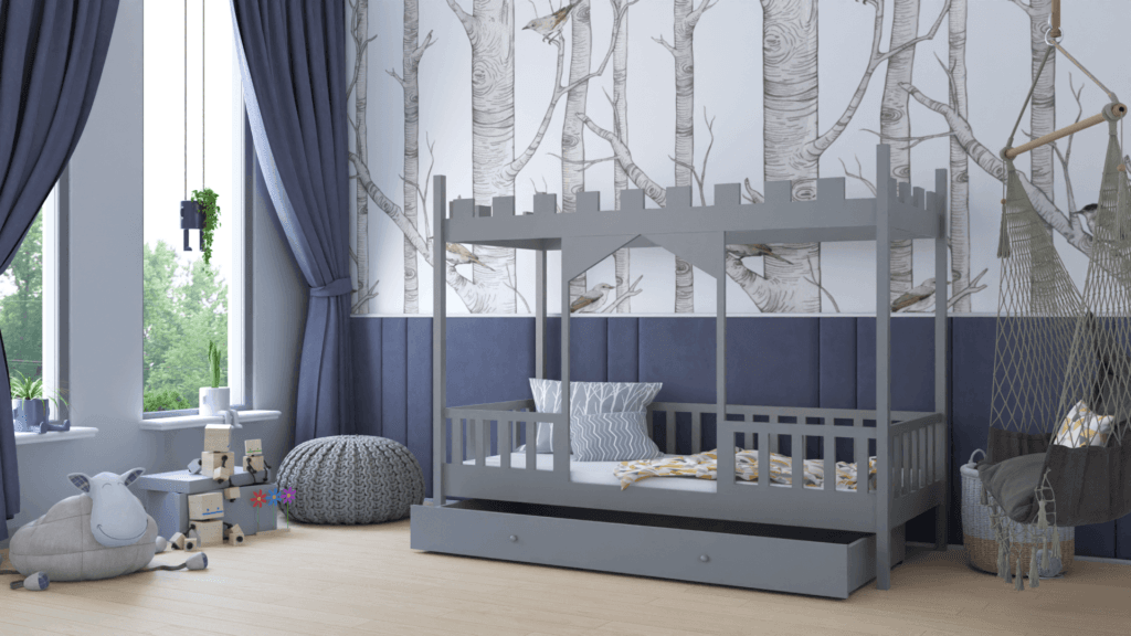 Łóżeczko dziecięce z szufladą w kolorze szarym w kształcie zamku.