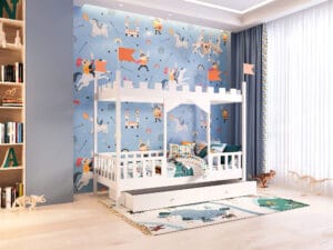 Łóżka dziecięce koloru białego z pojedynczą szufladą.