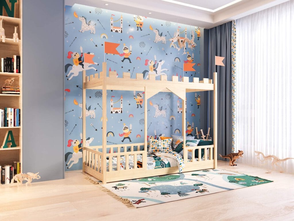 Sosnowe łóżko dla dziecka w kształcie zamku.