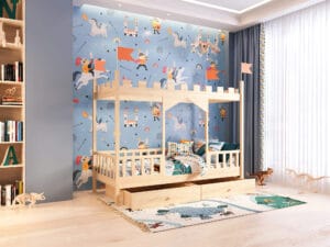 Łóżko dla dziecka z drewna sosnowego z szufladami w kształcie zamku.