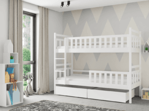 Łóżko piętrowe dla dzieci z szufladami z drewna.