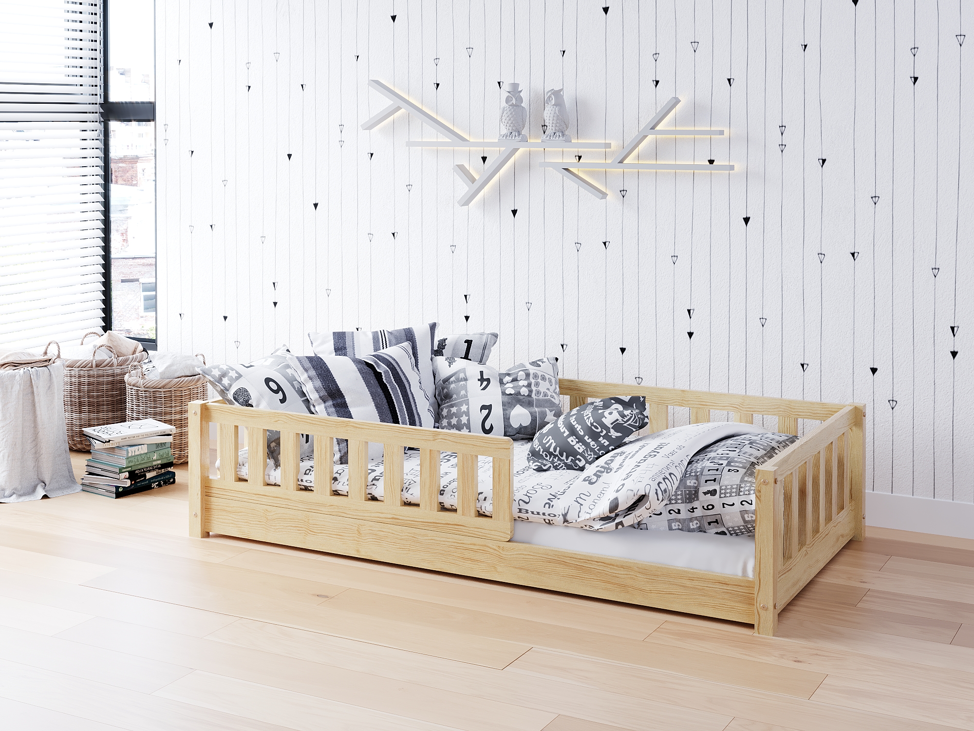 standard sosna Łóżeczko dziecięce z szufladą i dodatkową powierzchnią do spania - w kolorze biały, szarym i sosnowym.