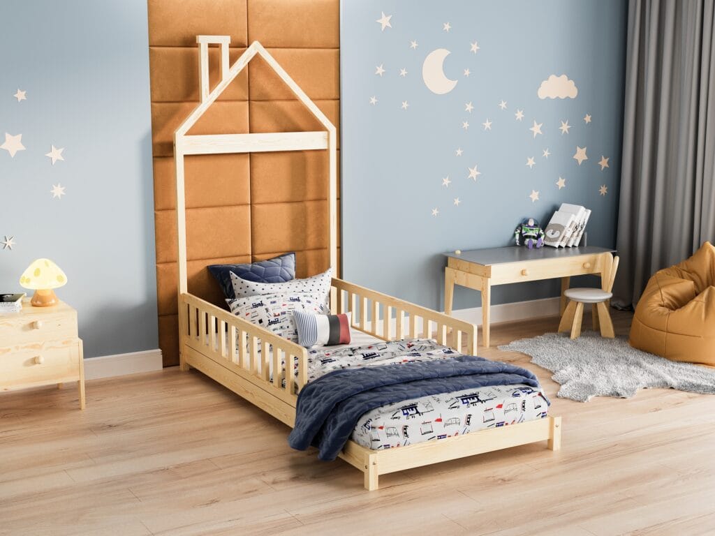 Pojedyncze łóżka dla dzieci z barierkami, sosnowe z daszkiem.