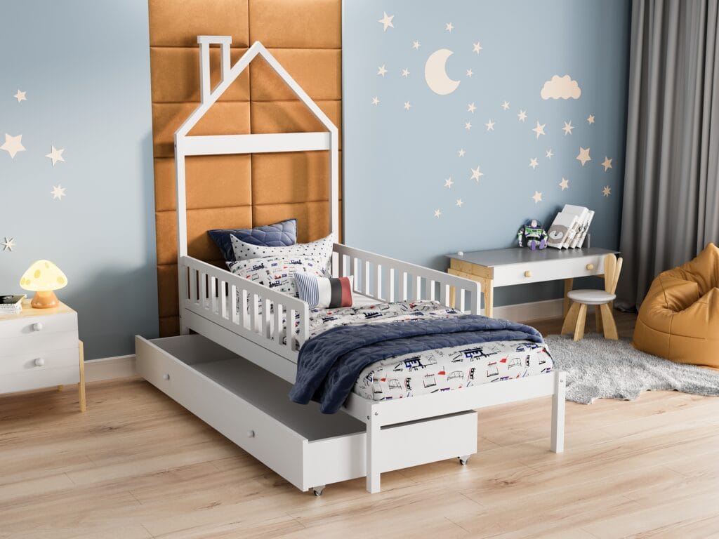 Wyjątkowe łóżko dla dziecka w kolorze białym z szufladą i barierkami.