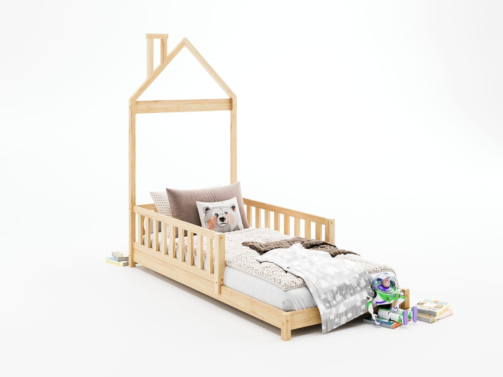 Łóżko dziecięce w kształcie domku z szufladą oraz barierkami w kolorze białym, szary, sosnowym i różowym.