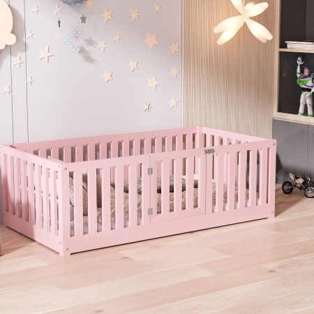 Łóżeczko dziecięce dla dwu i trzylatka w kolorze różowe z zamykaną barierką - LEMUR.