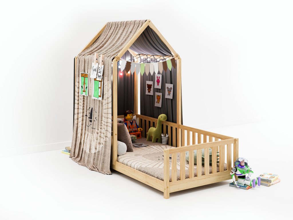 Łóżeczko dla dziecka w kształcie domku struś - aranżacja w pokoju dziecięcym.