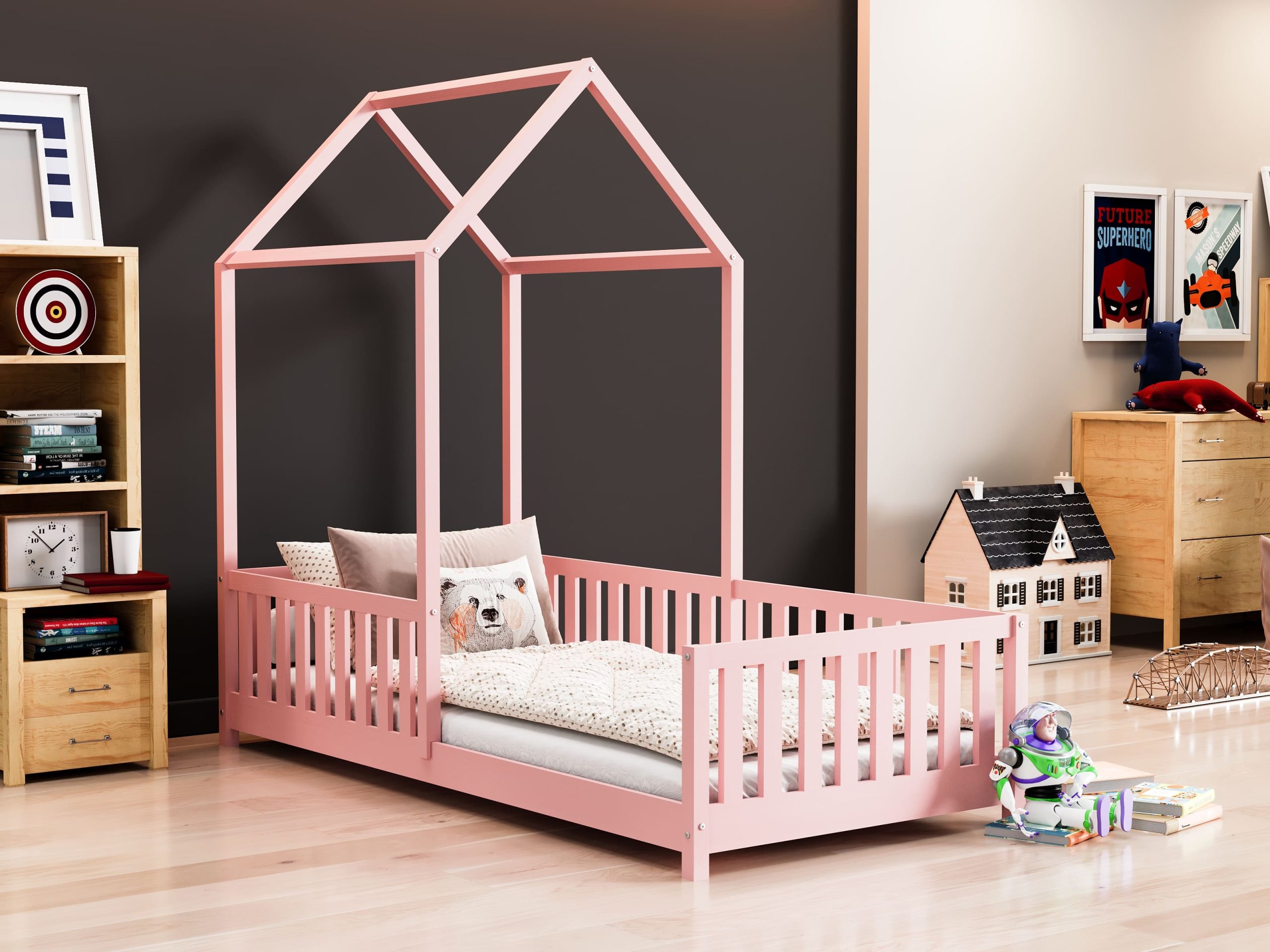 Łóżko_dla_dziecka_domek_struś_standard_różowe Łóżeczko dla dziecka w kształcie domku struś - aranżacje łóżek w pokoju dziecięcym.