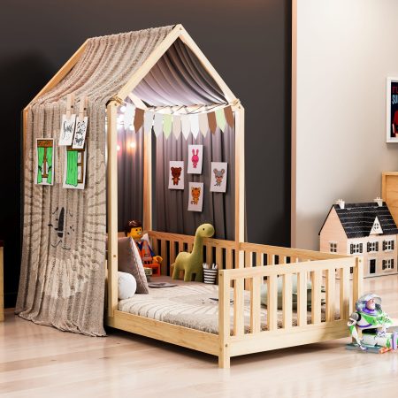 Łóżeczko dla dziecka w kształcie domku struś - aranżacje łóżek w pokoju dziecięcym.