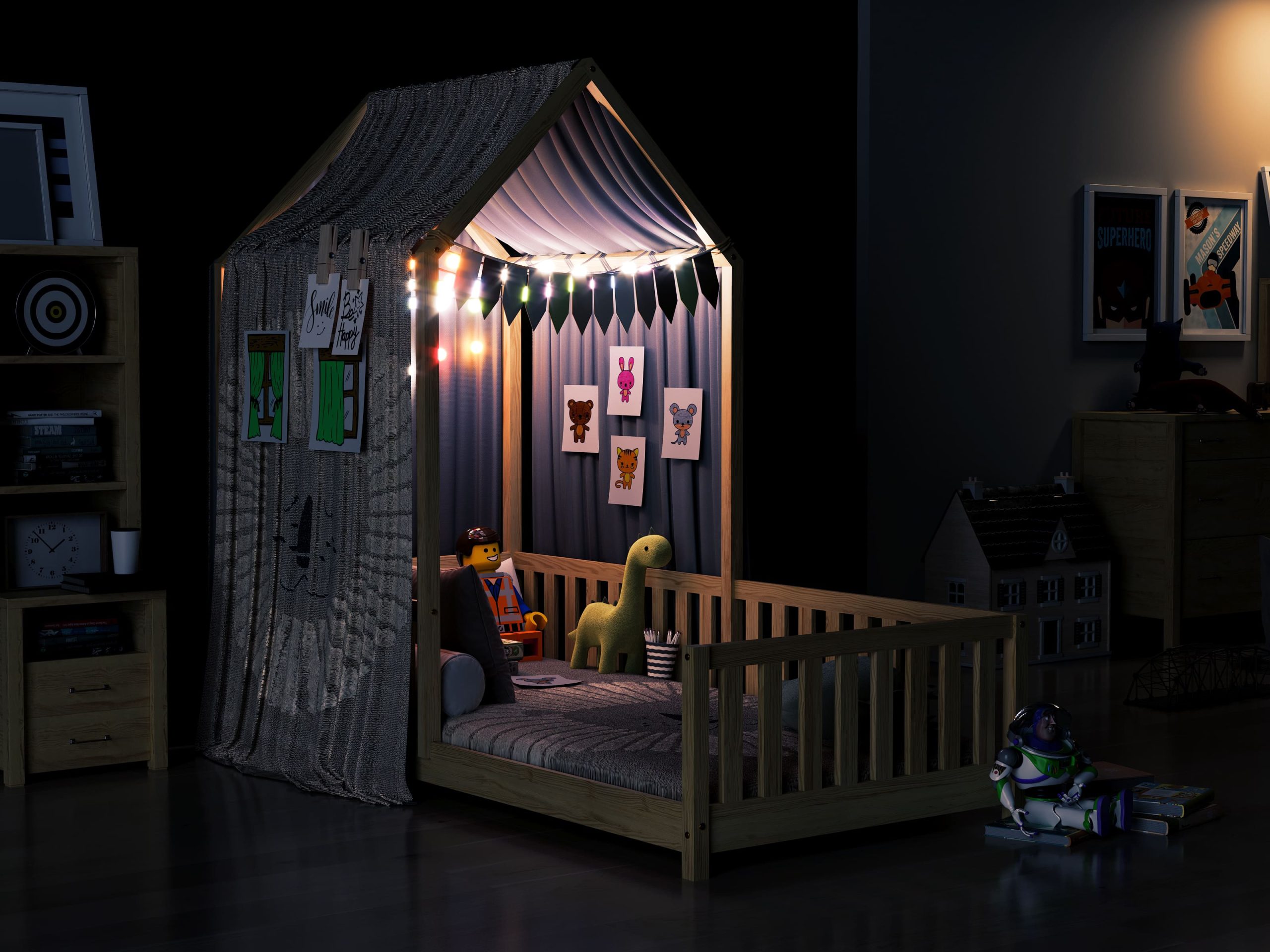 Łóżko_dla_dziecka_domek_struś_standard_sosnowe_aranżacja_nocą Łóżeczko dla dziecka w kształcie domku struś - aranżacje łóżek w pokoju dziecięcym.