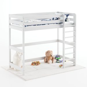 Łóżko dla dziecka na antresoli, wysokie, białe z drabinką.