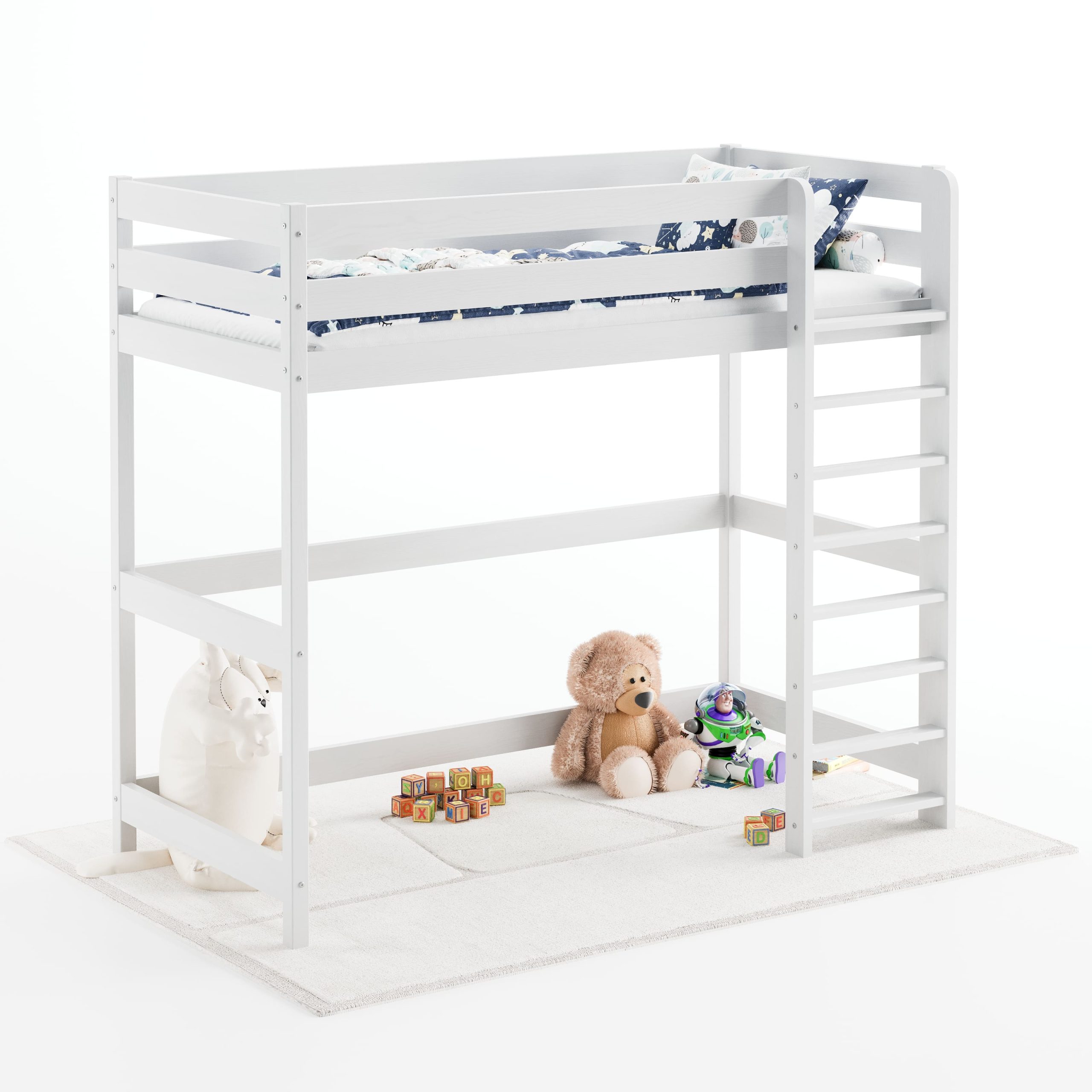 Łóżko dla dziecka na antresoli, wysokie, białe z drabinką.