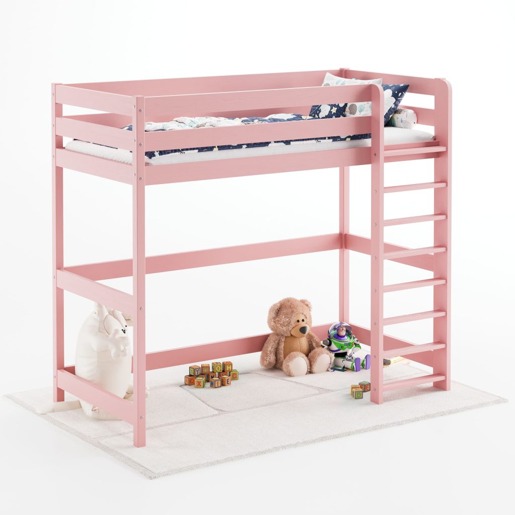 Łóżko dla dziecka na antresoli, wysokie, różowe z drabinką.
