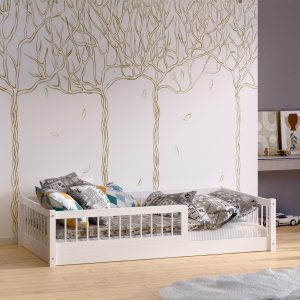 łozko-dla-dziecka-podłogowe-niskie-biale-z-barierkami Łóżko dla dziecka pojedyncze, niskie, podłogowe z barierką w kolorze białym z barierkami.