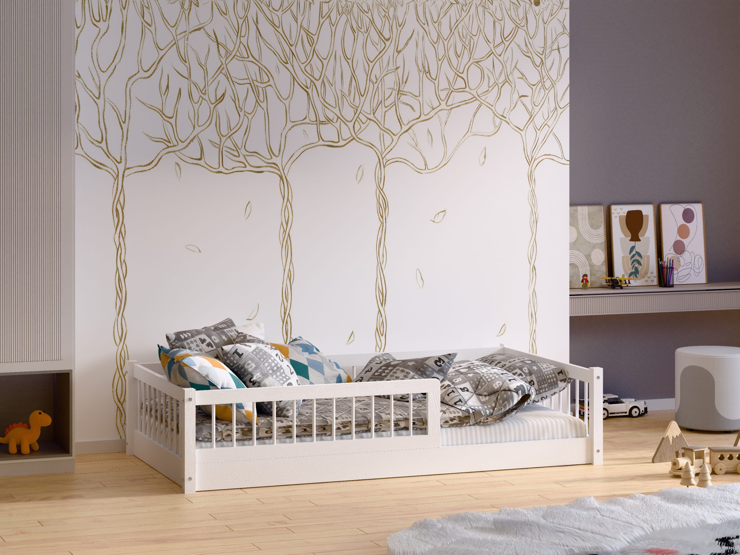 łozko-dla-dziecka-podłogowe-niskie-biale-z-barierkami Łóżko dla dziecka pojedyncze, niskie, podłogowe z barierką w kolorze białym z barierkami.