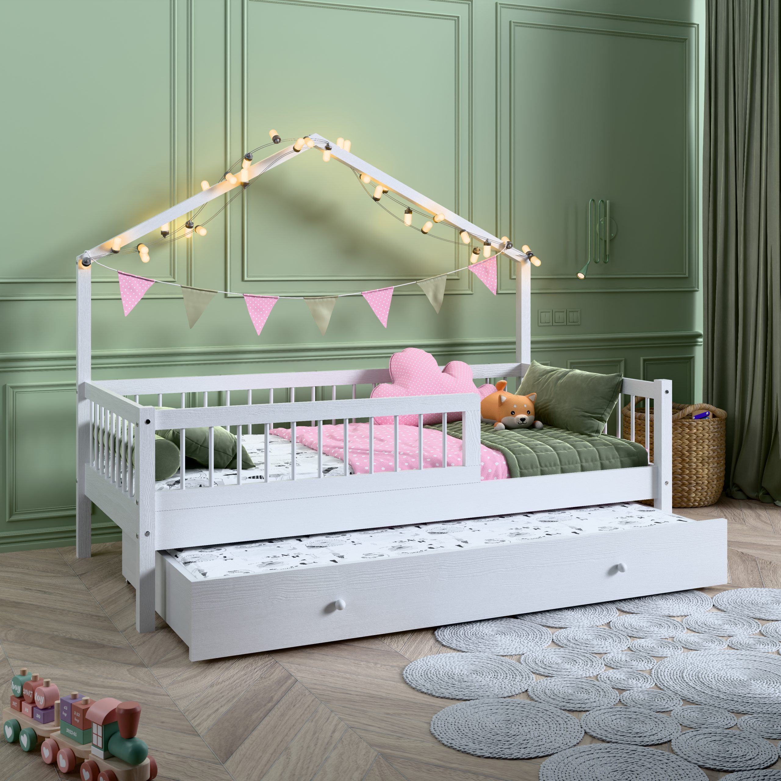 Łóżko domek dla dwulatka, trzylatka i czterolatka z barierkami. Łóżeczko domek dla chłopca i dziewczynki, białe z dodatkowym spaniem.