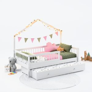 Łóżko domek dla dziewczynki i chłopca z barierkami i daszkiem. Łóżka dziecięce dla 2 latka, 3 latka i 4 latka, białe z dodatkowym spaniem.